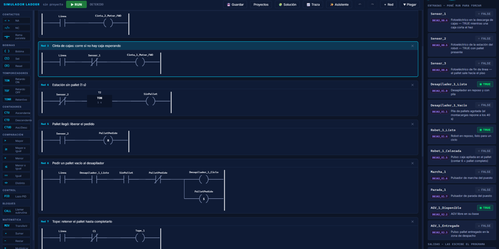 Editor Ladder de ARSIM Studio con varias redes programadas, la paleta de instrucciones a la izquierda y el panel de entradas y salidas en vivo a la derecha